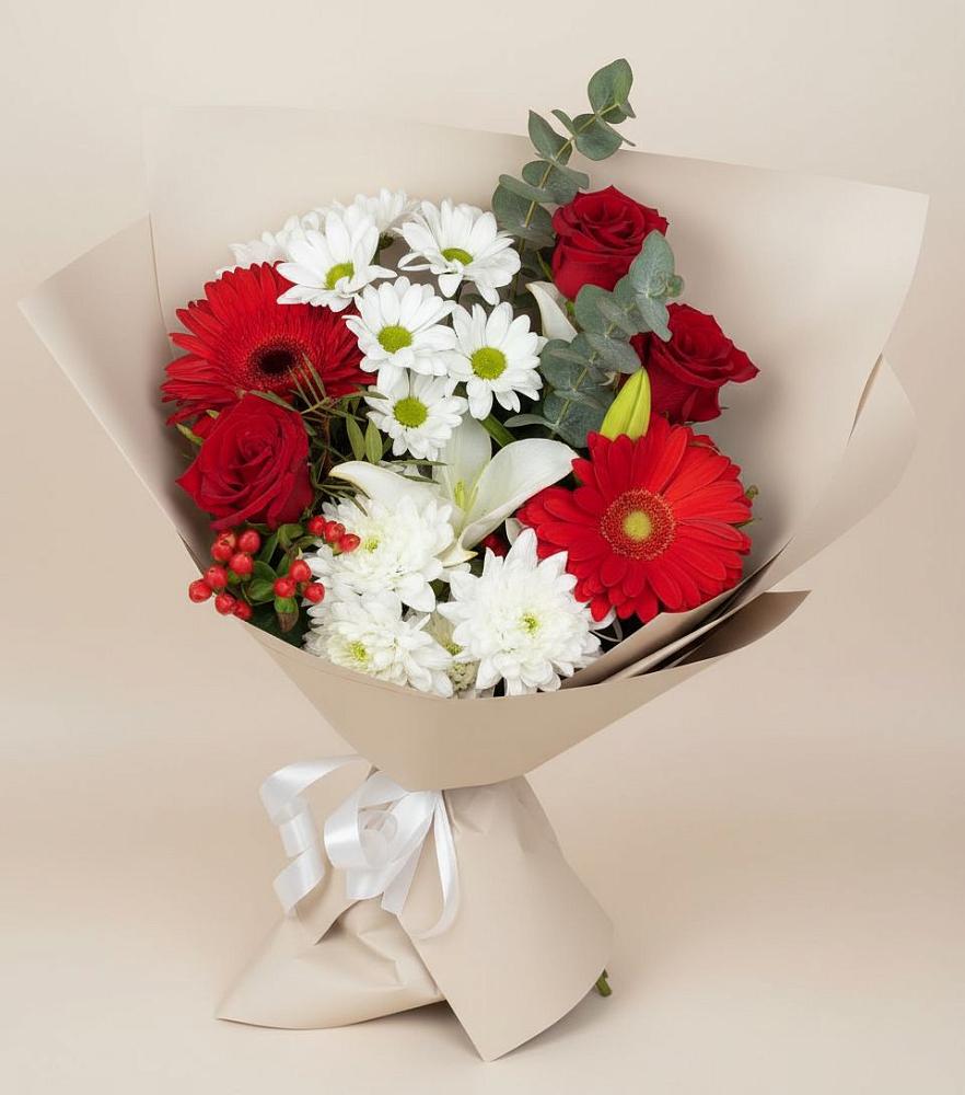 Букет цветов из: Розы, Хризантемы, Герберы и Лилии в Мильково