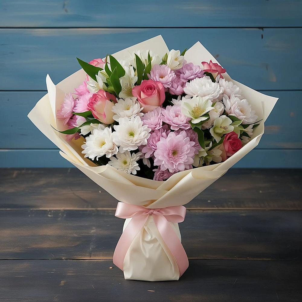 Букет цветов из: Хризантемы, Альстромерии и Розы в Мильково